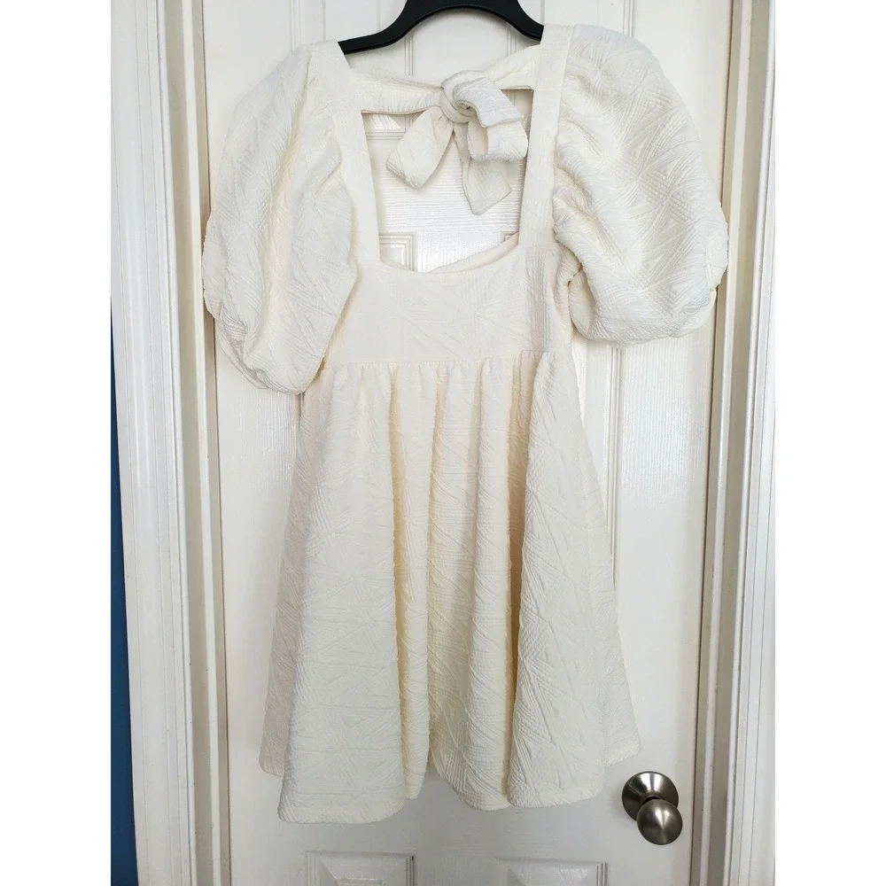 Free People Violet Babydoll Mini Dress Cream Textured Puff Sleeve Tie Back XS